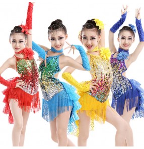 Royal blue turquoise red yellow gold rainbow colored sequins backless girls performance competition school play latin ballroom dance dresses outfits 